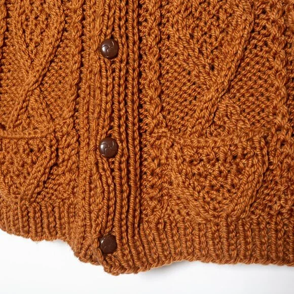 SOLD - Vintage Brown Cable Knit Hand Knit Button V Neck Cardigan - Size L - Picture 5 of 9